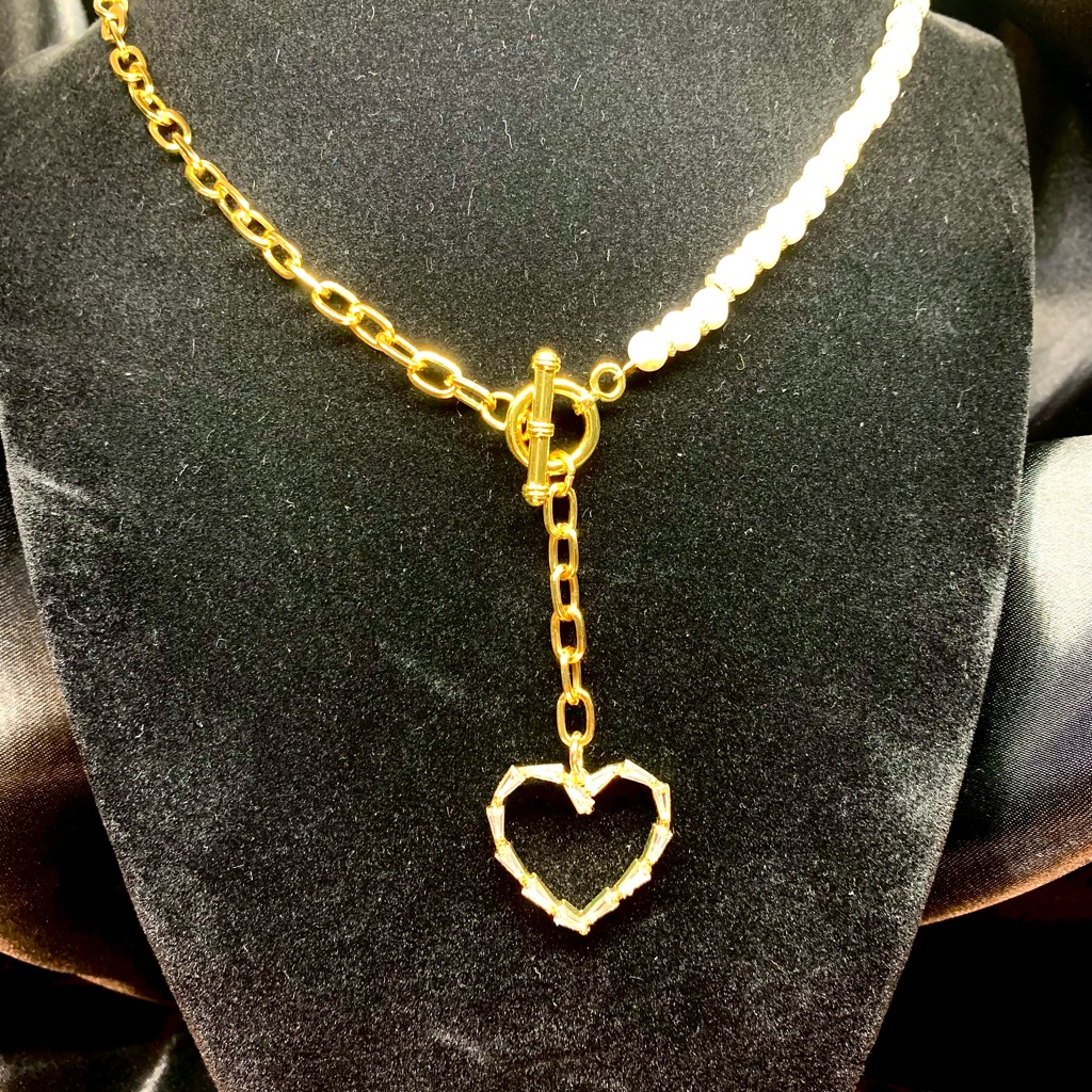 Cultured Pearls, 10k Gold Plated Paper Clip Chain, Heart Crystal Pendant Choker